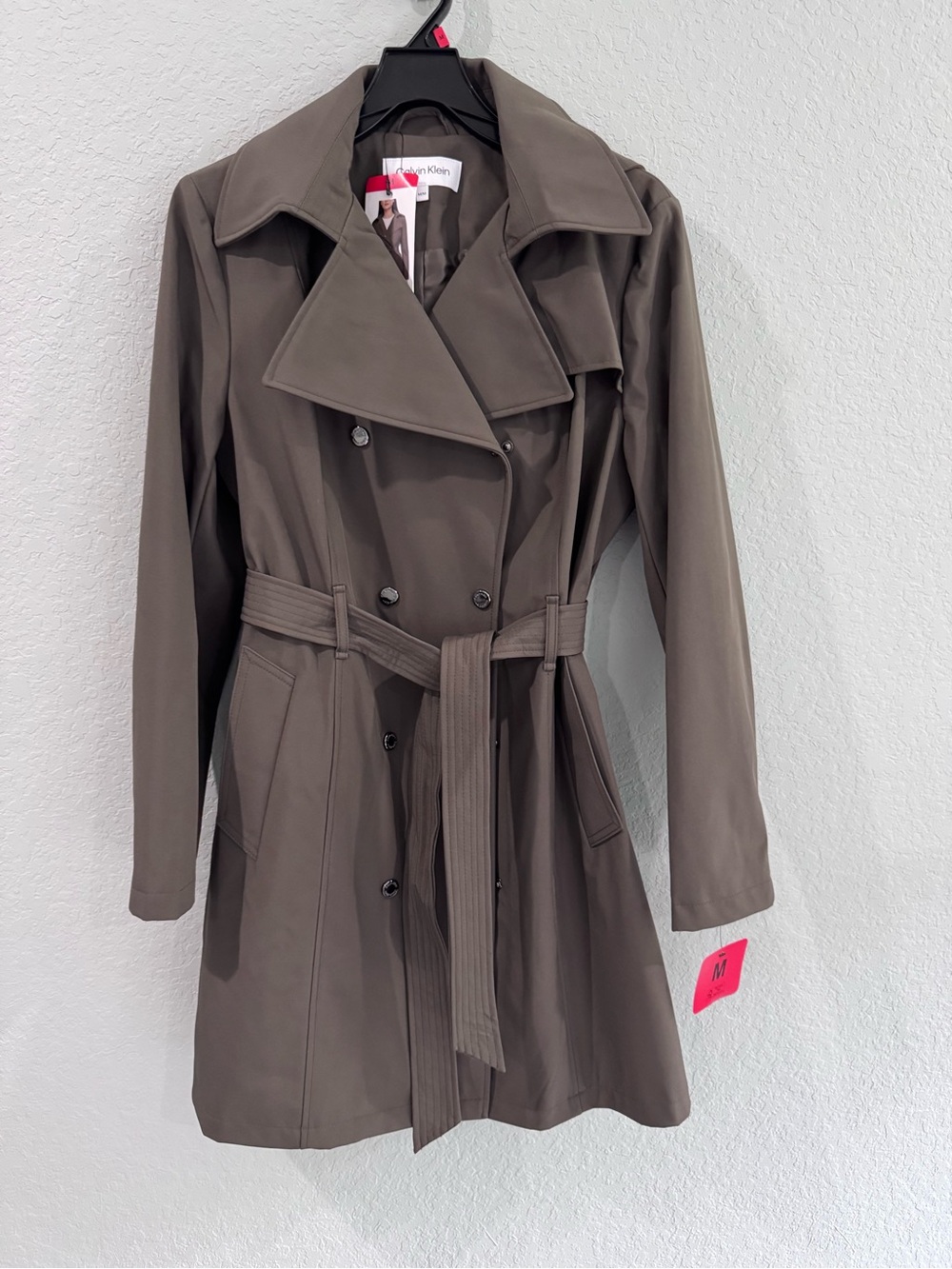 Calvin Klein Olive Taupe Double-Breasted Trench Coat with Belt